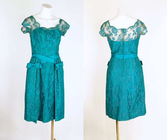 50s Teal Blue Silk Satin & Lace Cocktail Dress by… - image 6