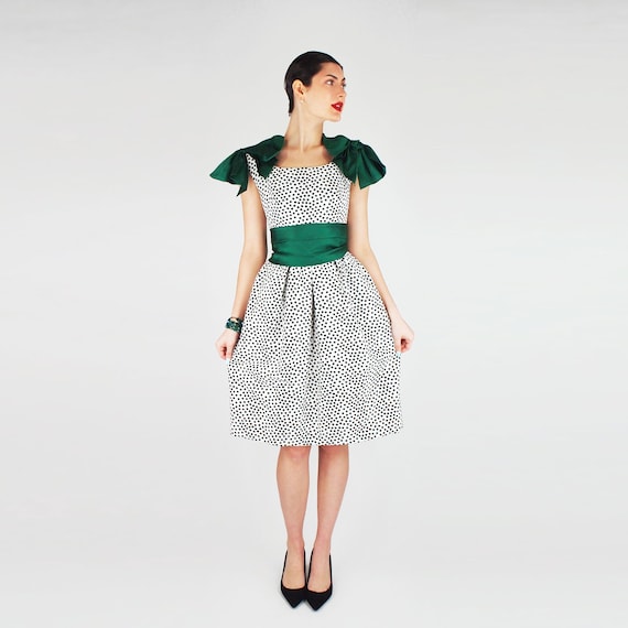 1950s Christian Dior New York Cotton Piqué Dress – Sculptural Day Dress, Green Silk Cummerbund – XXS