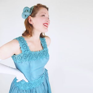 50s Blue Tea Length Full Skirt Prom Party Dress S VFG image 3