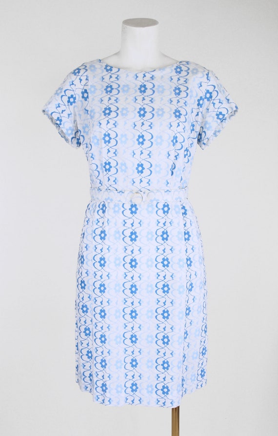 60s Cotton Sheath Dress with Blue Flower Embroide… - image 2