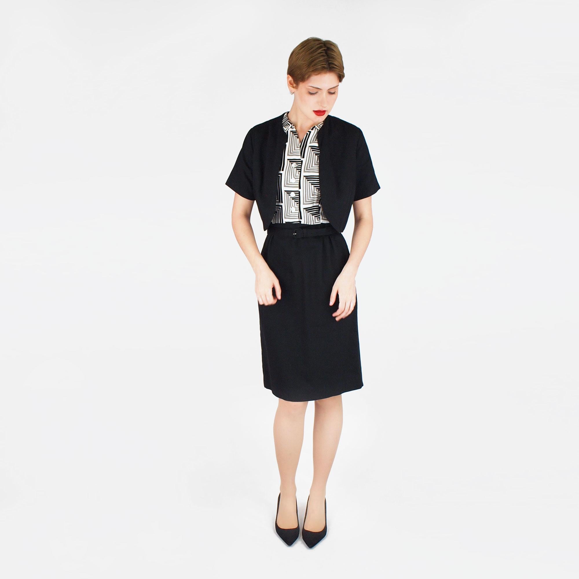 Early 1960s Black & White Abstract Geometric Cotton Piqué Dress + Jacket Set - S/M - VFG Member
