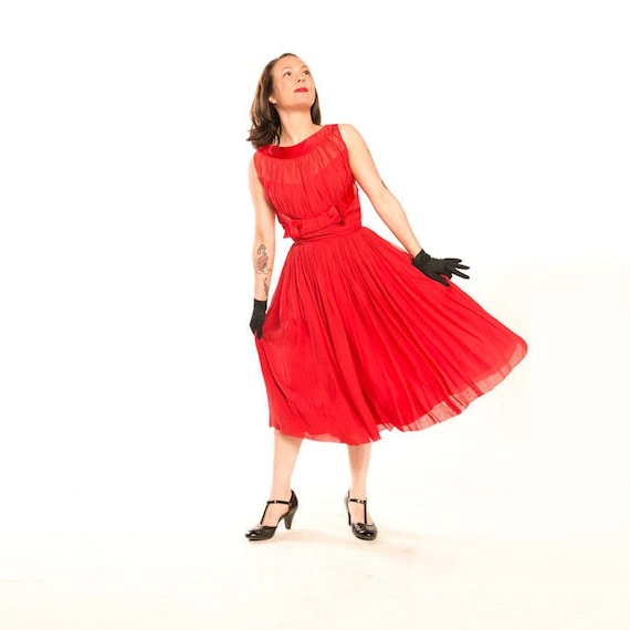 50s Red Chiffon and Satin Full Skirt Party Dress X