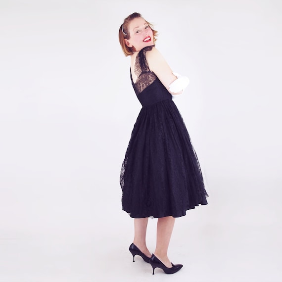 50s Black Chantilly Lace & Taffeta Circle Skirt P… - image 2