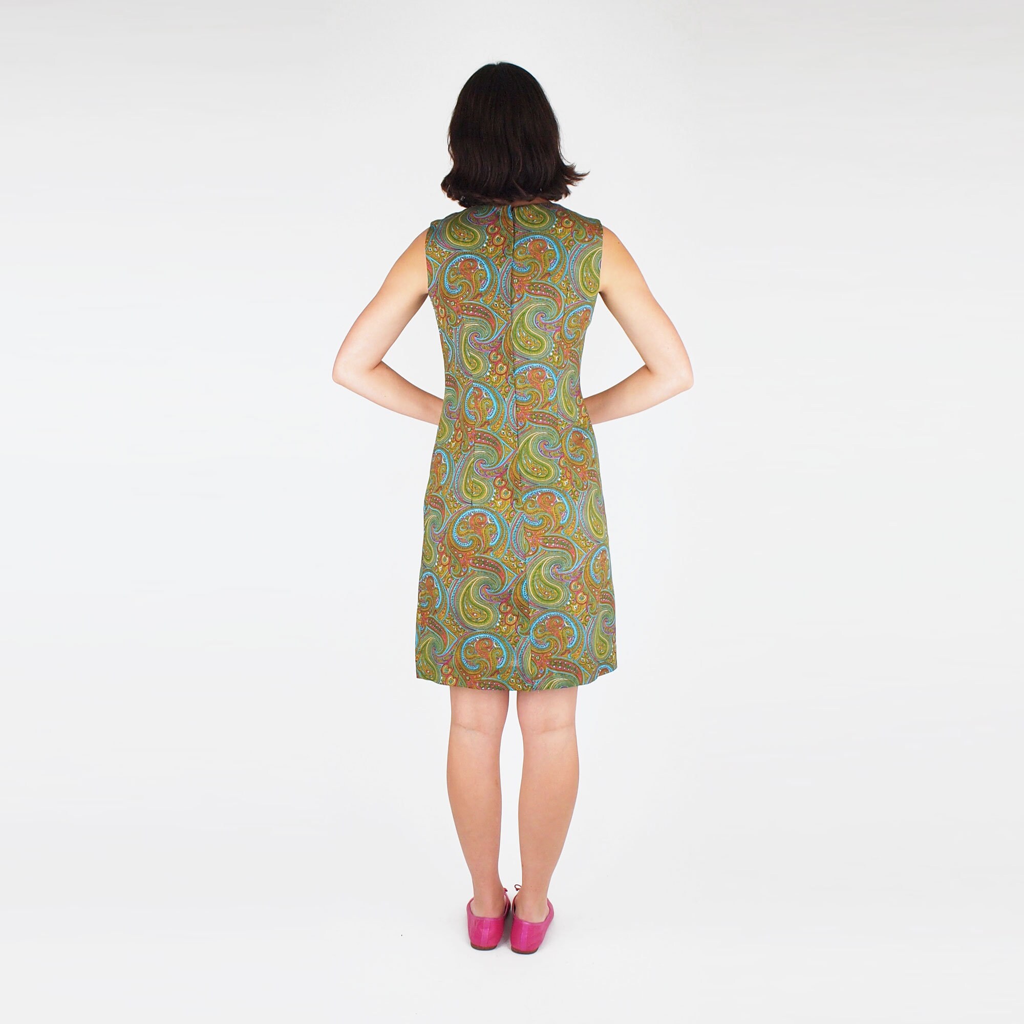 ワンピース 60s VINTAGE Paisley Design Dress Vintage 60s Linen Paisley Floral Shift Tunic Dress Mod Psych