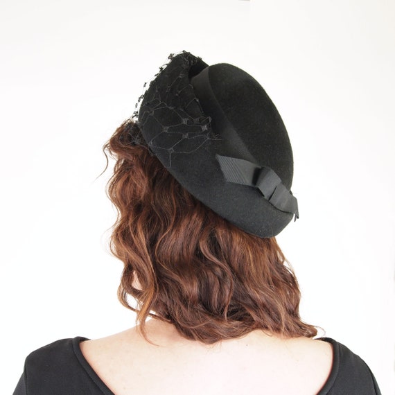 60s Black Breton Hat with Veil + Back Bow - Gleno… - image 2