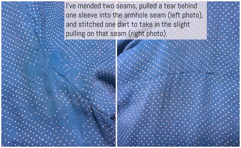 50s Blue Pin Dot Cotton Gauze Shirtwaist Dress with Bow at Neck XL