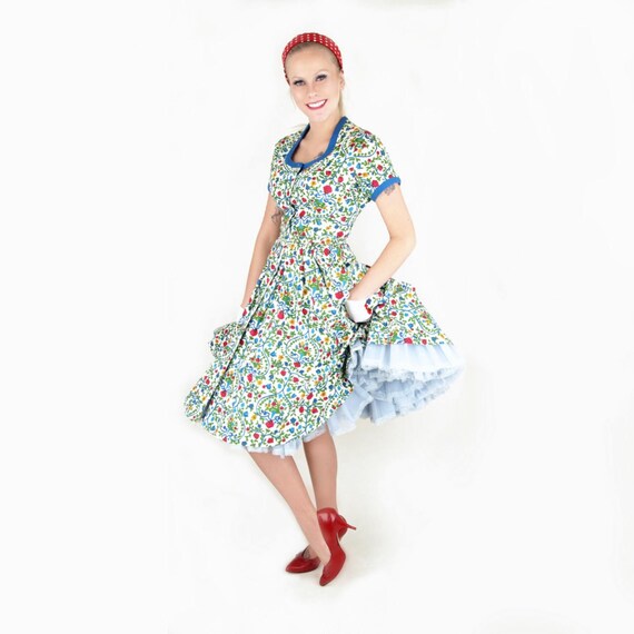 50s Blue Floral Cotton Pique Circle Skirt Dress w… - image 1