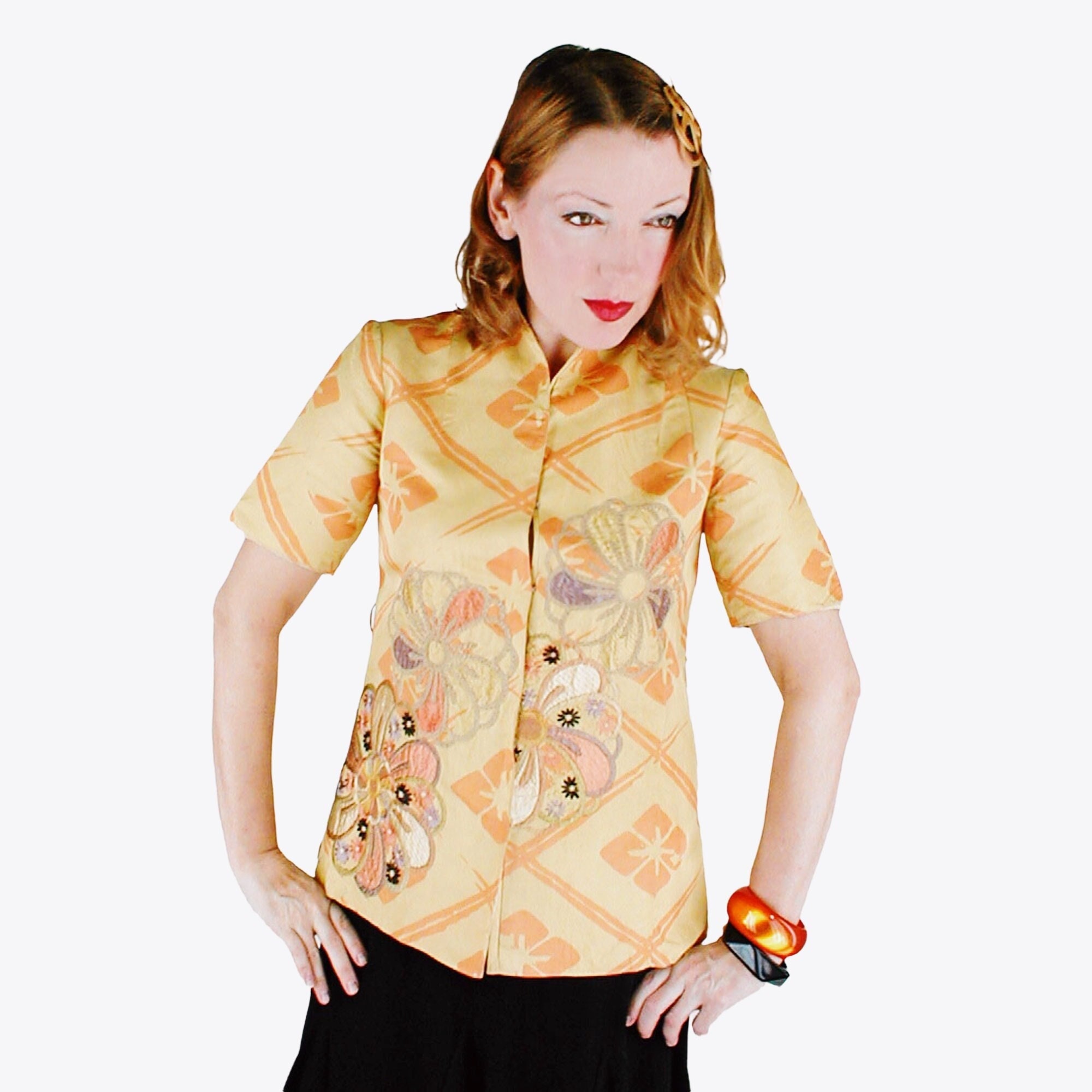 1940s Japanese Embroidered Silk Kimono Fabric Tunic Jacket S - A Work of Textile Art! - Yellow, Orange, Gold Metallic - VFG Member