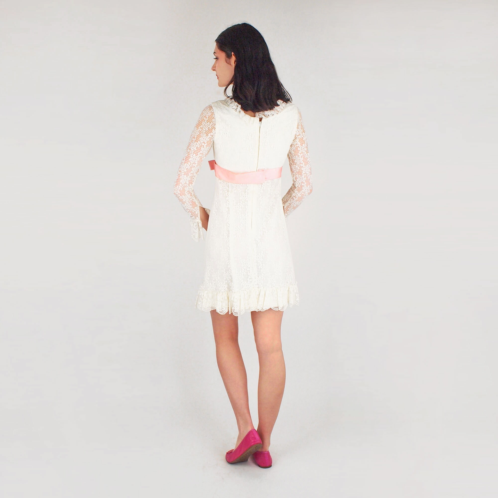 60s White Lace Empire Waist Dolly Mod Mini Dress With Pink 60s White Lace Empire Waist Dolly Mod Mini Dress With Pink