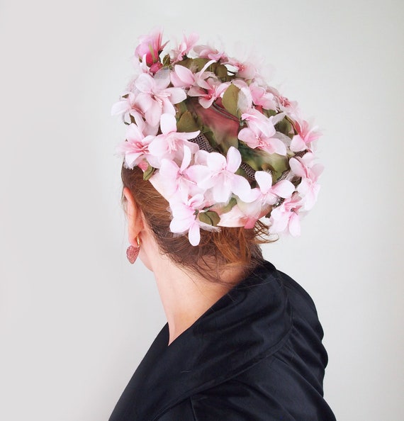 60s Pink Flowers Pillbox Hat by Michael Terre • V… - image 3