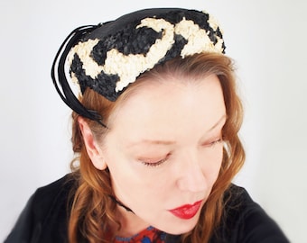 50s Black Hat with Cream & Black Cello Straw and Long Black Feathers • VFG