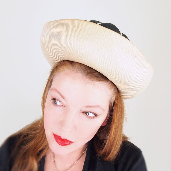 60s Black & Tan Natural Straw Breton Hat - Anita … - image 1