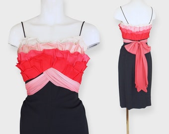 50s Pink Silk Rose Petal Bust Sheath Dress by Jean of California Sydney North XS • Ombre Pink Silk Ties & Black Skirt • VFG