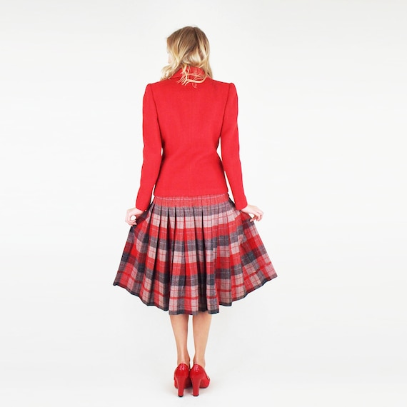 50s Reversible Red & Gray Wool Plaid Pleated Skir… - image 2