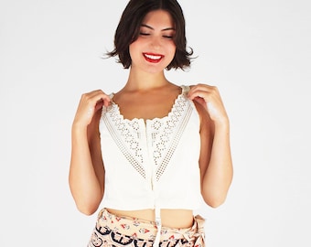 Antique 1910s Brassiere - Cotton Eyelet Bust Confiner - Whitework Camisole Top M - VFG Member