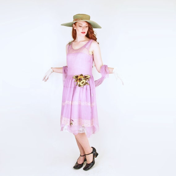 20s Lavender Silk Chiffon Dress with Slip and Sash