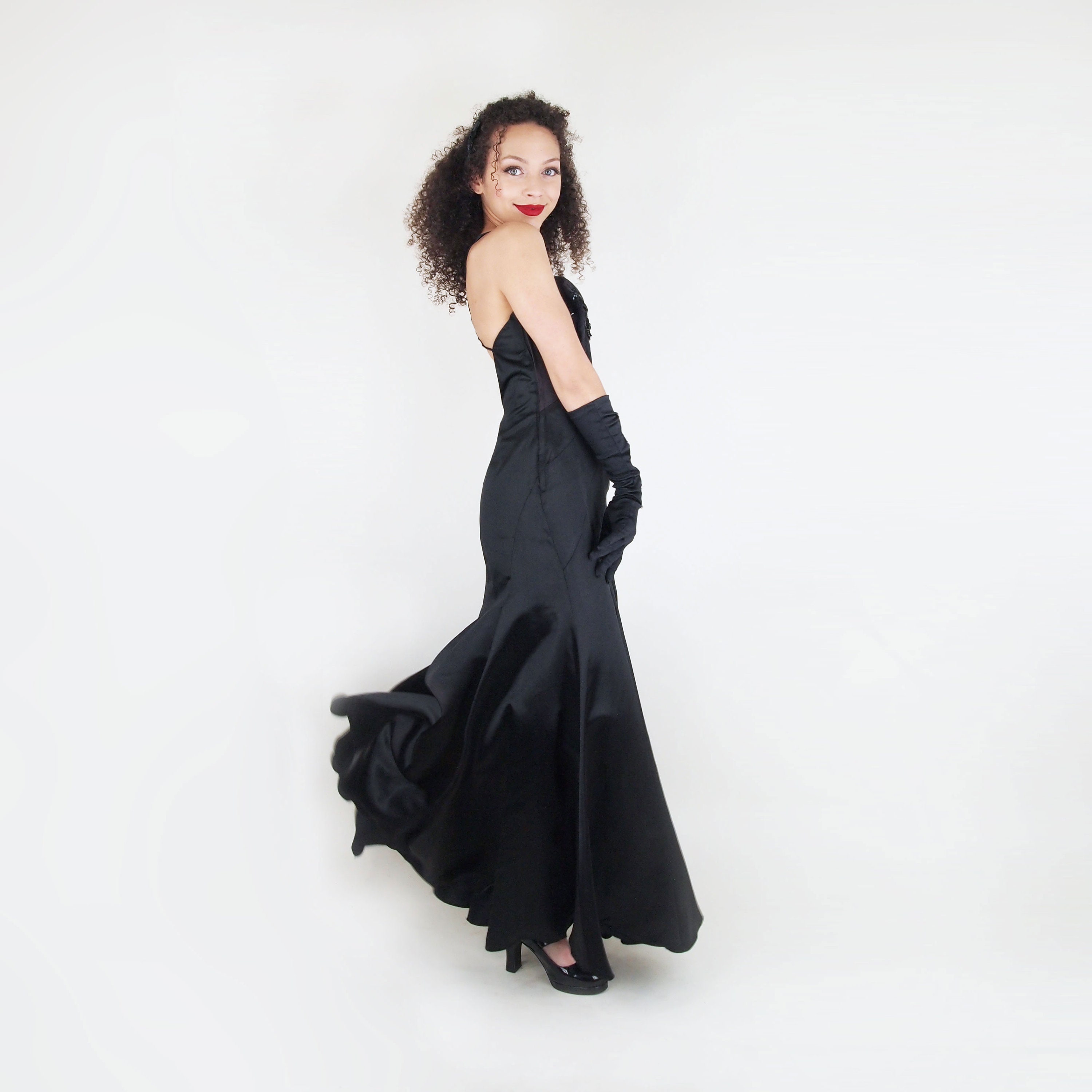 1970s Black Satin Long Dress With 30s-style Seaming & Open Back