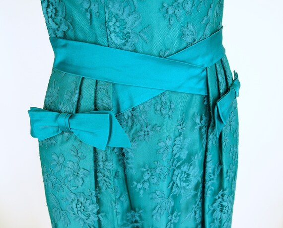 50s Teal Blue Silk Satin & Lace Cocktail Dress by… - image 8