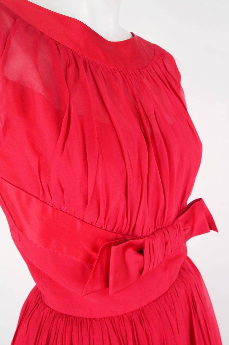 50s Red Chiffon and Satin Full Skirt Party Dress XS VFG image 4