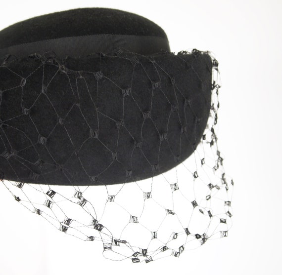 60s Black Breton Hat with Veil + Back Bow - Gleno… - image 4