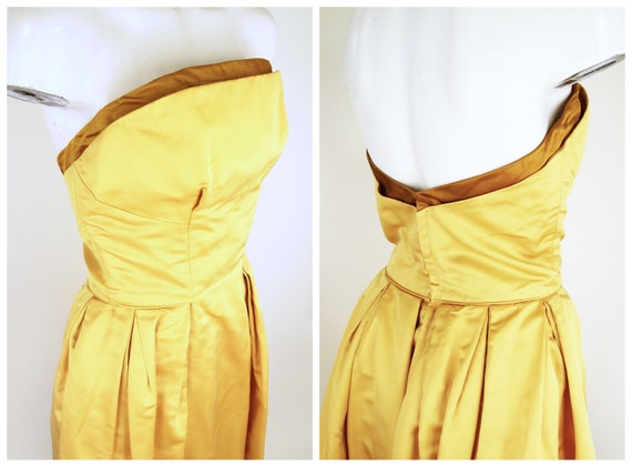 50s Golden Silk Satin Strapless Full Skirt Dress … - image 6