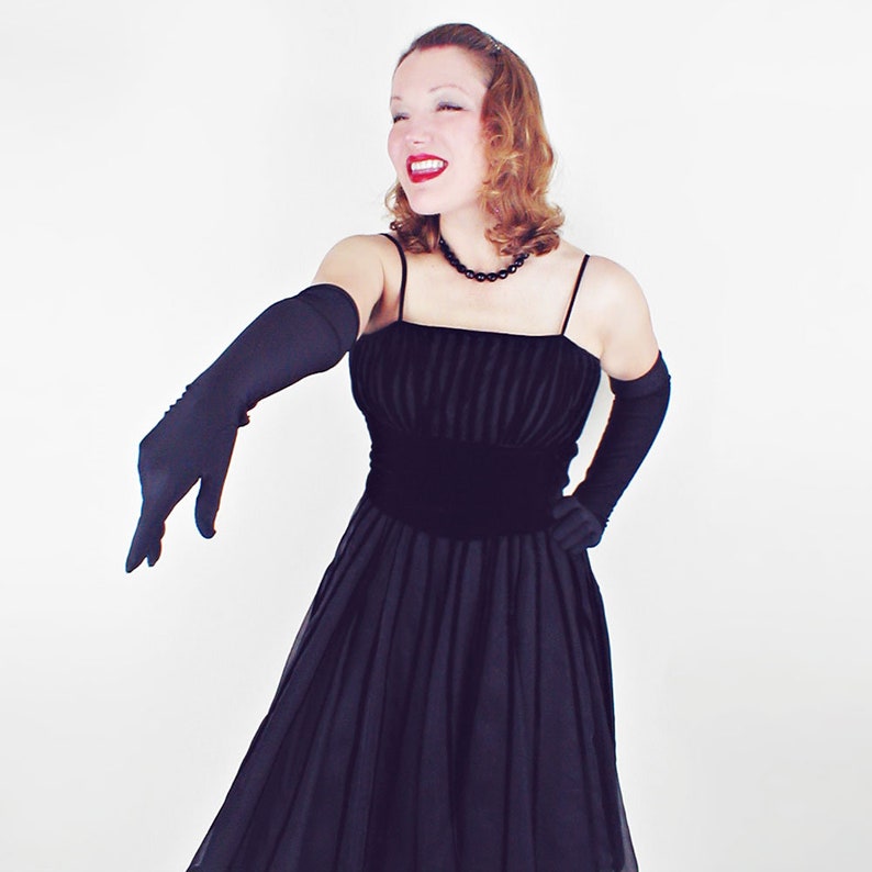 60s Black Velvet Stripe Circle Skirt Party Dress XS VFG image 3