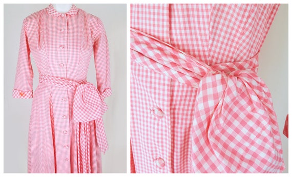 50s Pink Gingham Long Hostess Dress with Sash XS … - image 5