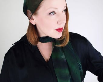 1950s–60s Dark Green Sheer Silk Chiffon Scarf – Hand-Painted Look, Oblong 70" x 14" – VFG Member
