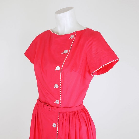 60s Raspberry Red Cotton Full Skirt Dress with Wh… - image 5