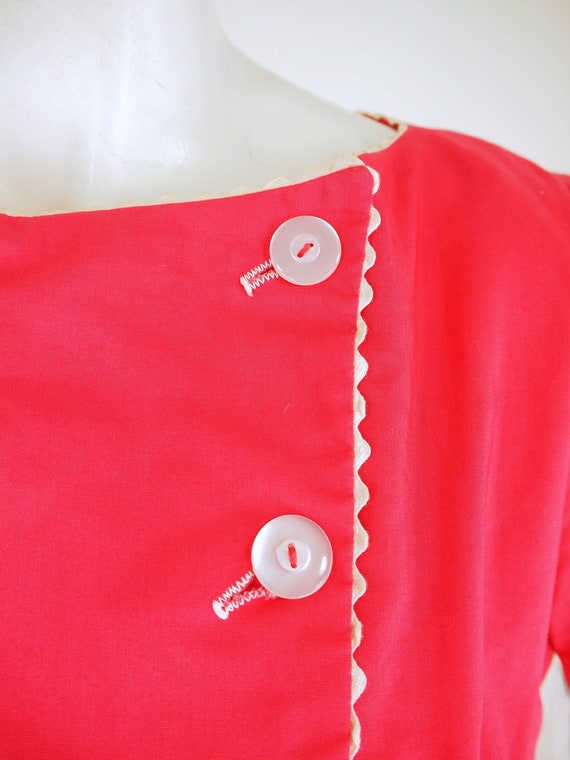 60s Raspberry Red Cotton Full Skirt Dress with Wh… - image 6