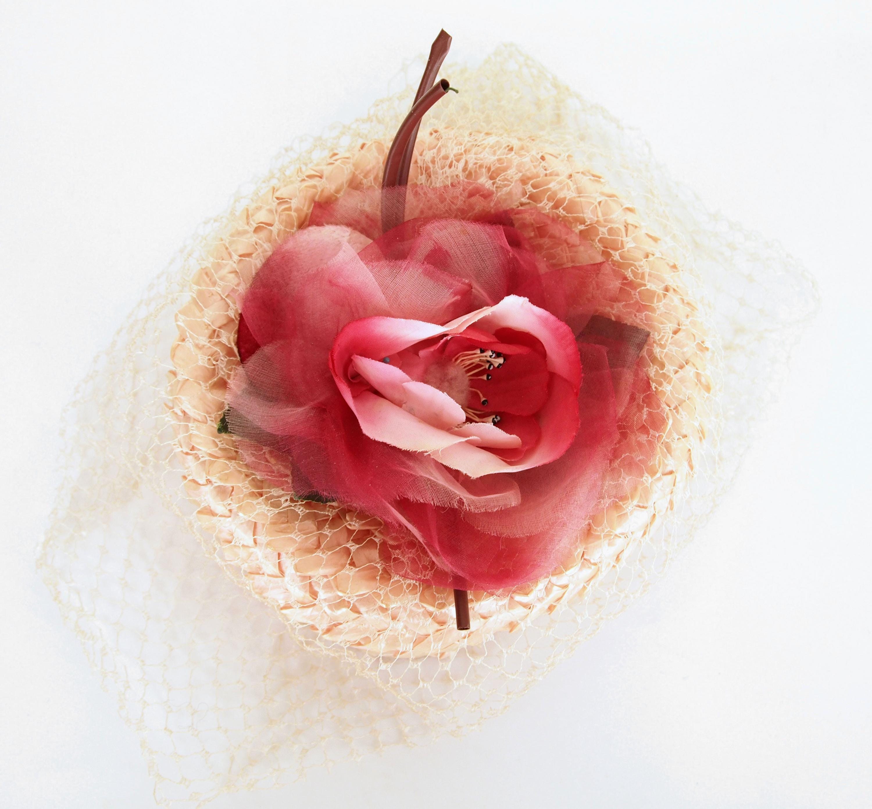 Vintage 60s pillbox hat pink sheer netting faux flowers sz 21” 6 3/4 by Sonni Ca Pillbox Pink Vintage Hats for Women for sale | eBay main image 4