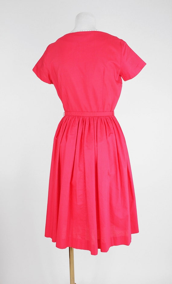 60s Raspberry Red Cotton Full Skirt Dress with Wh… - image 4