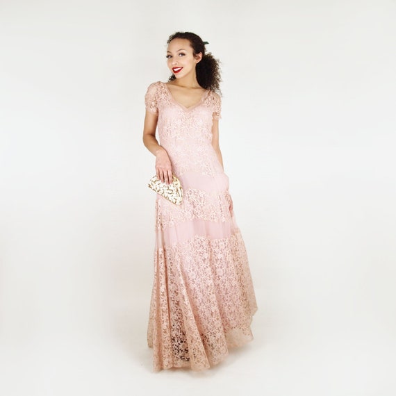 30s Peach Lace & Silk Chiffon Long Dress with Silk