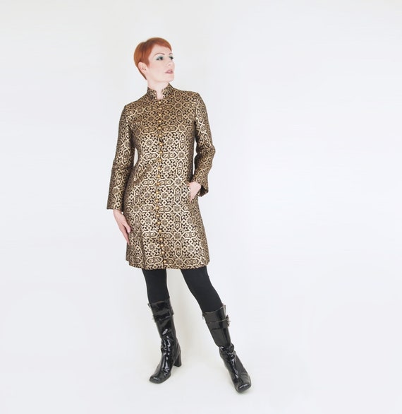 60s Mod Gold & Black Brocade Nehru Coat Dress by M