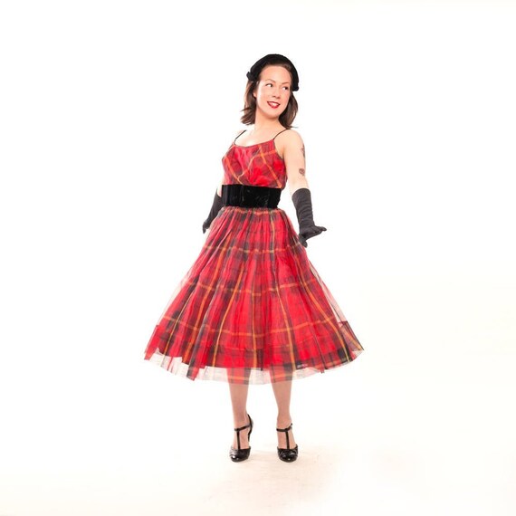 50s Red Plaid Silk Organza Party Dress with Black… - image 1