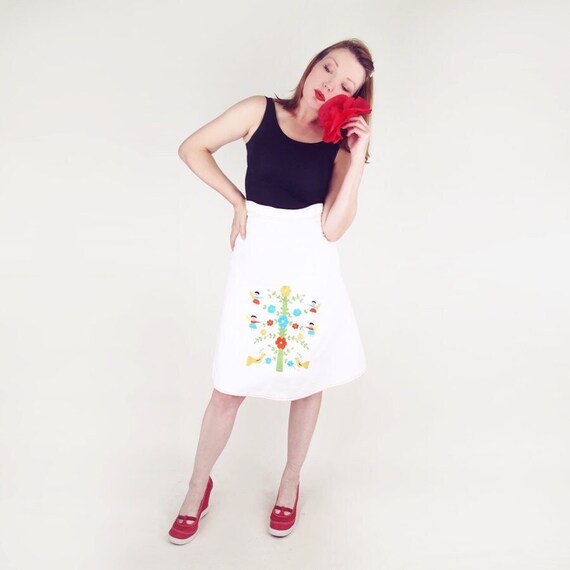 70s Tree of Life Angels Embroidered A Line Skirt Made in Mexico