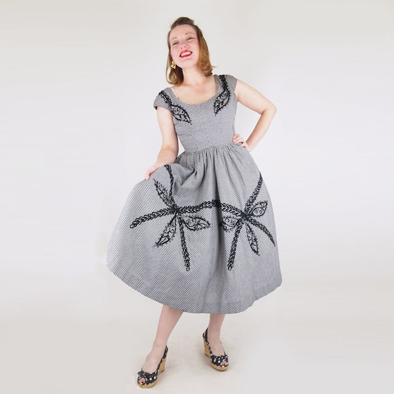 50s Black and White Gingham Check Full Skirt Dress