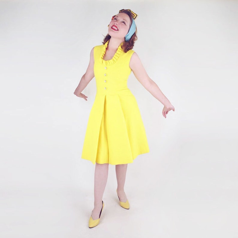 70s Yellow Piqué Dress with Ruffled Neckline by Mardi Gras S VFG image 1