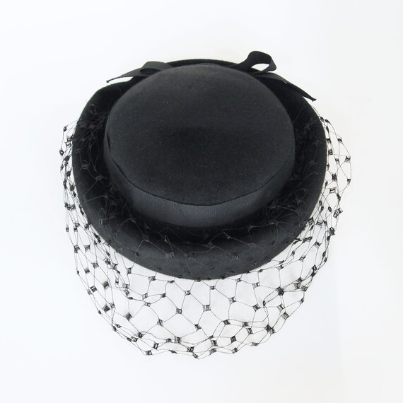 60s Black Breton Hat with Veil + Back Bow - Gleno… - image 3