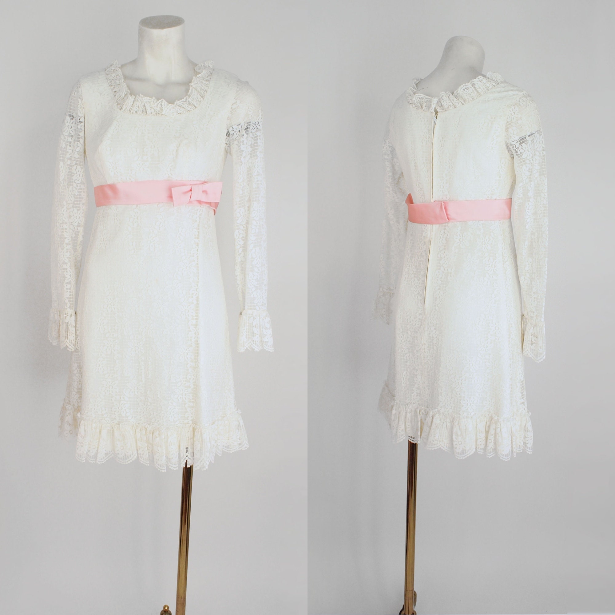 60s White Lace Empire Waist Dolly Mod Mini Dress With Pink 60s White Lace Empire Waist Dolly Mod Mini Dress With Pink