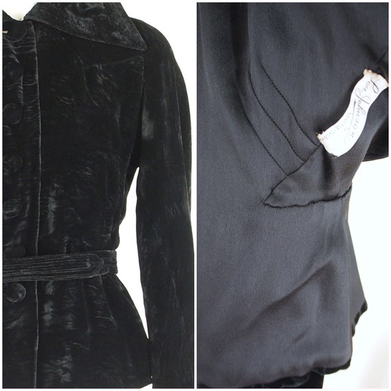 30s Black Silk Crushed Velvet Belted Jacket - Lou… - image 7