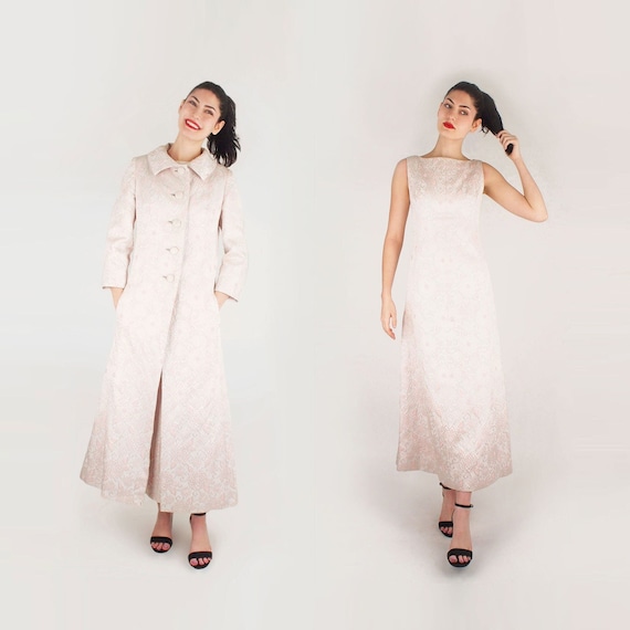 60s Silver Lamé & Pink Brocade Evening Coat + Dre… - image 1