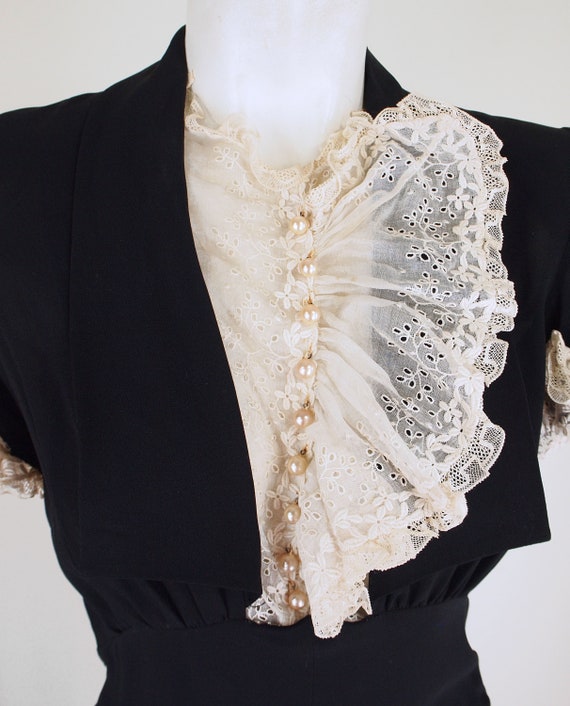 40s Eisenberg Black Rayon Dress with White Lace D… - image 3