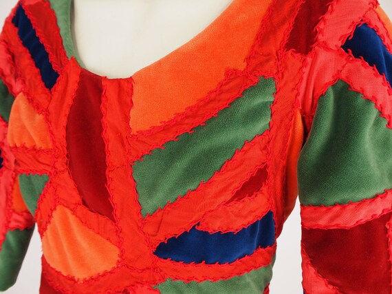 70s Cotton Velvet Crazy Quilt Patchwork Dress • A… - image 6