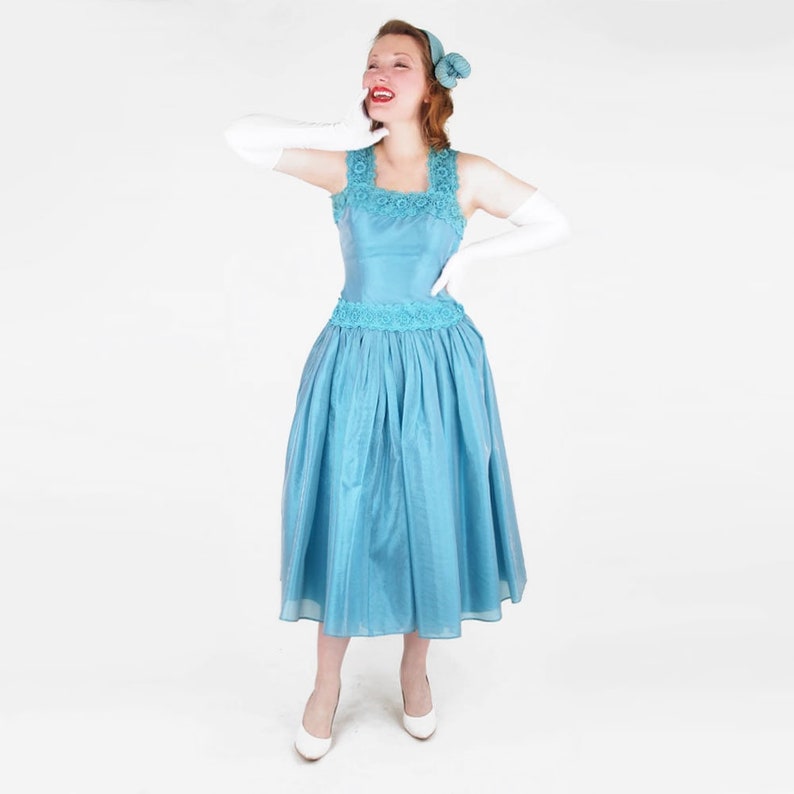50s Blue Tea Length Full Skirt Prom Party Dress S VFG image 2