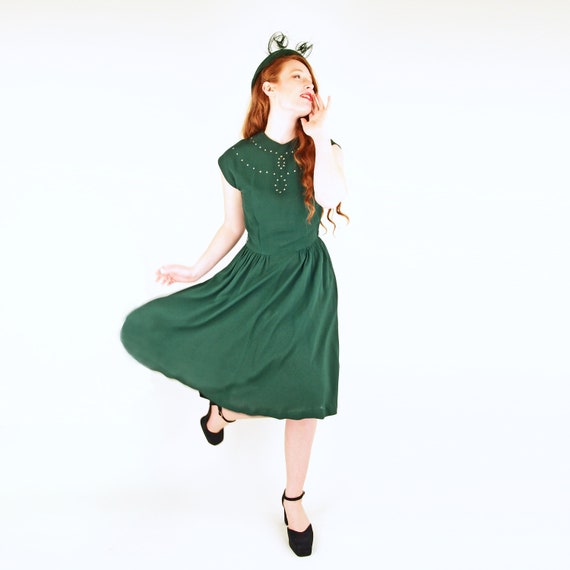 40s Dark Green Rayon Dress with Rhinestone Detail