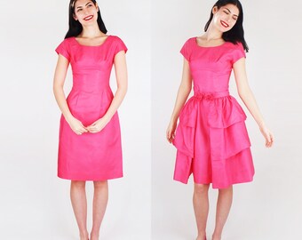 60s Bright Pink Sheath Dress with Removable Overskirt XS • "Barbie Pink" Taffeta • VFG