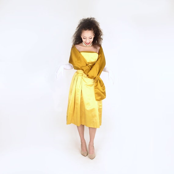 50s Golden Silk Satin Strapless Full Skirt Dress … - image 3