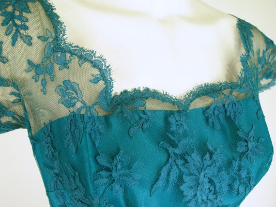 50s Teal Blue Silk Satin & Lace Cocktail Dress by… - image 7