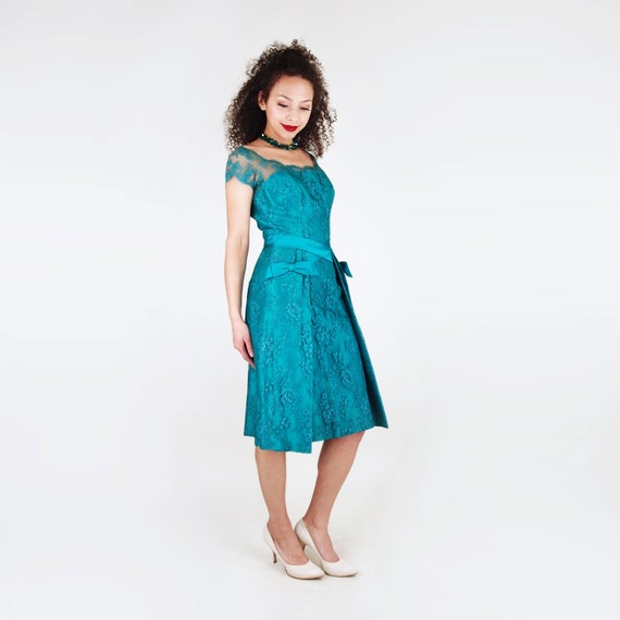 50s Teal Blue Silk Satin & Lace Cocktail Dress by… - image 1